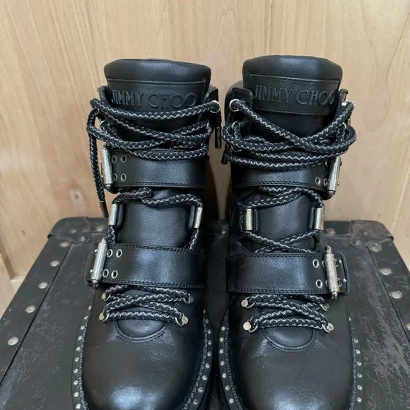 Jimmy Choo Calfskin Breeze Biker Combat Boots Sz 37.5 Black Moto Buckle Studded - Picture 7 of 16